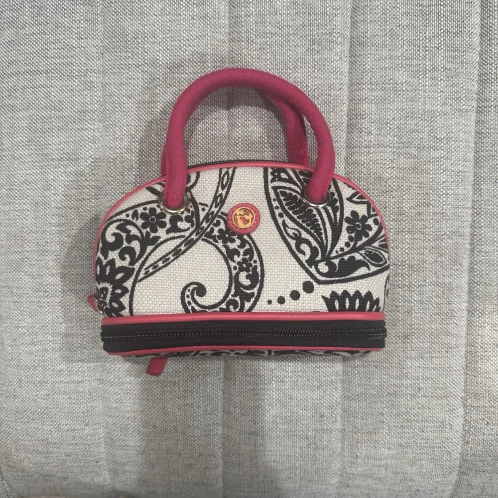 Spartina Makeup Purse Bag 449 Black‎ Tan Pink Linen Small Zip Close Travel